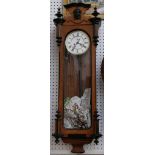 A tall  Vienna regulator style clock, satinwood case with ebonised highlighting, 108cm high.