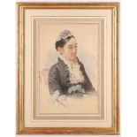 A Victorian watercolour portrait of a lady in black dress and cap, trimmed with lace, picture: 42