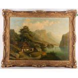 Mid to late 19th Century German school. 'Summer Alpine Lake'. Oil on canvas mountain-scape.