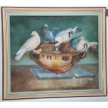 A selection of framed oil on canvas works including: 'Birdbath', 'Two Monks in the Cellar', a