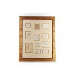 A series of 11 dog drawings by various hands, all mounted and framed as one, mottled gilt frame,