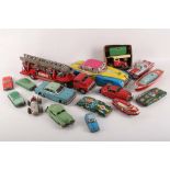 A collection of 16, early to mid 20th Century tinplate toys, including racing cars, fire engine,