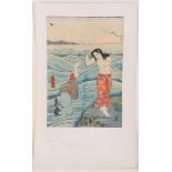 Japanese woodblock prints by Kunisada, showing Awabi fisher women, and a triptych by Yoshitaki