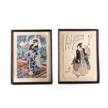 A pair of Japanese Meiji period woodcuts, one depicting a Geisha harvesting irises, the second