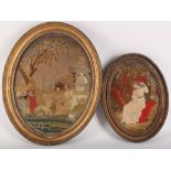 Three Regency textiles, on silk, all framed, 18th Century, children in a country landscape, oval