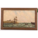 Mid 19th Century marine oil on panel, possibly Dutch. A trader under sail passes up the coast with