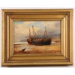 A 19th Century painting of fishing boats on foreshore, 17 x 23.5cm, gilt framed.