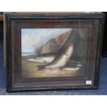 An oil painting study of a pike and freshwater fish, 'A Fisherman's Catch', framed. 30 x 38cm.