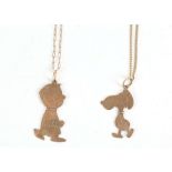 Two gold cartoon pendant necklaces, Designed as a boy and a puppy, the collar set with single-cut