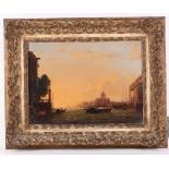 A late 18th Century oil on canvas, Santa Maria Della Salute Venice at Sunset, in a carved Rococo