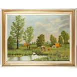 German oil on canvas, country scene, C. Farge label verso, signed in corner, 65cm long x 51cm wide,