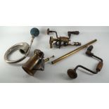 A small collection of metalwork, to include a blow torch, 2 braddle drift, an old car horn and a