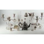 An array of hallmarked silver, silver plated and cut glass items, to include a pair of candelabra