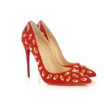 Christian Louboutin red So Nail 120 heeled pumps, bright red suede gilt metal 'nail' decoration,