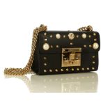 Gucci pearl studded padlock bag, c.2016, structured black leather applied with faux pearls and