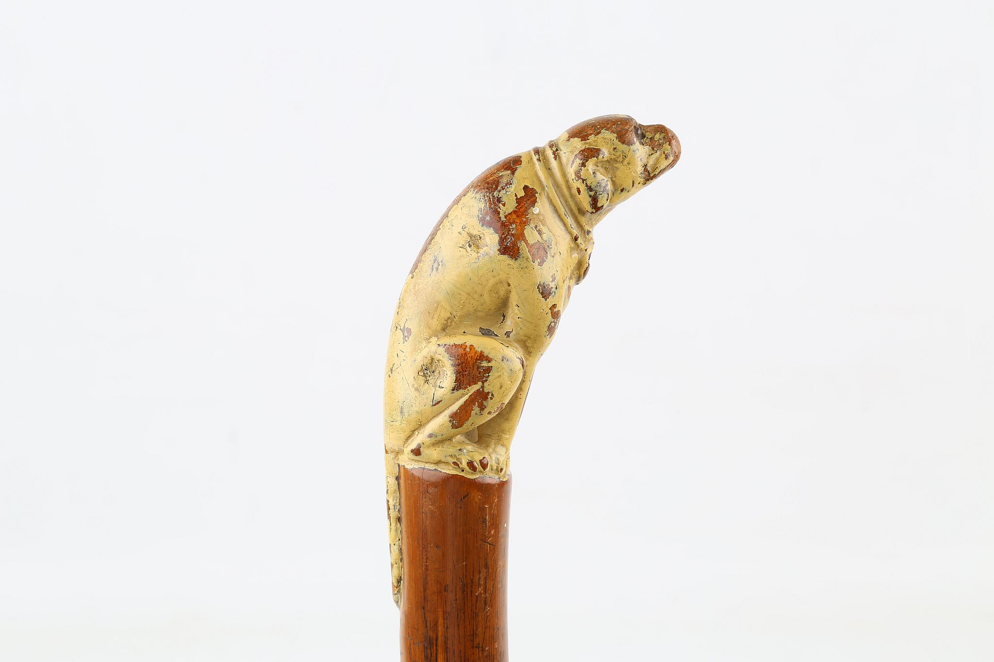A ONE PIECE FOLK ART DOG CANE, with glass eyes, 31 inches (78cm).