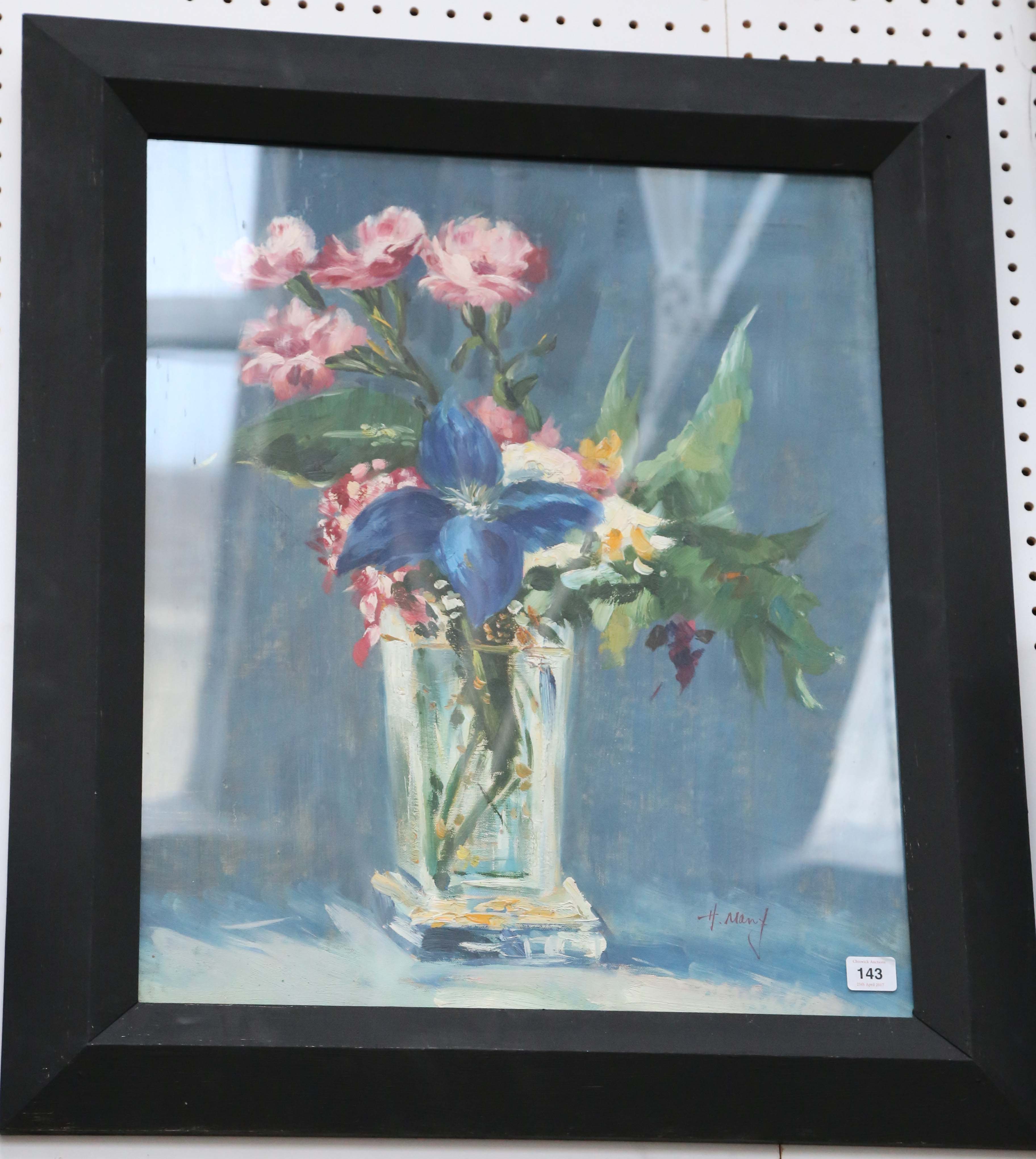 A still life in oils of flowering blooms in glass vase, signed and studio framed, 59 x 49cm.