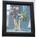 A still life in oils of flowering blooms in glass vase, signed and studio framed, 59 x 49cm.