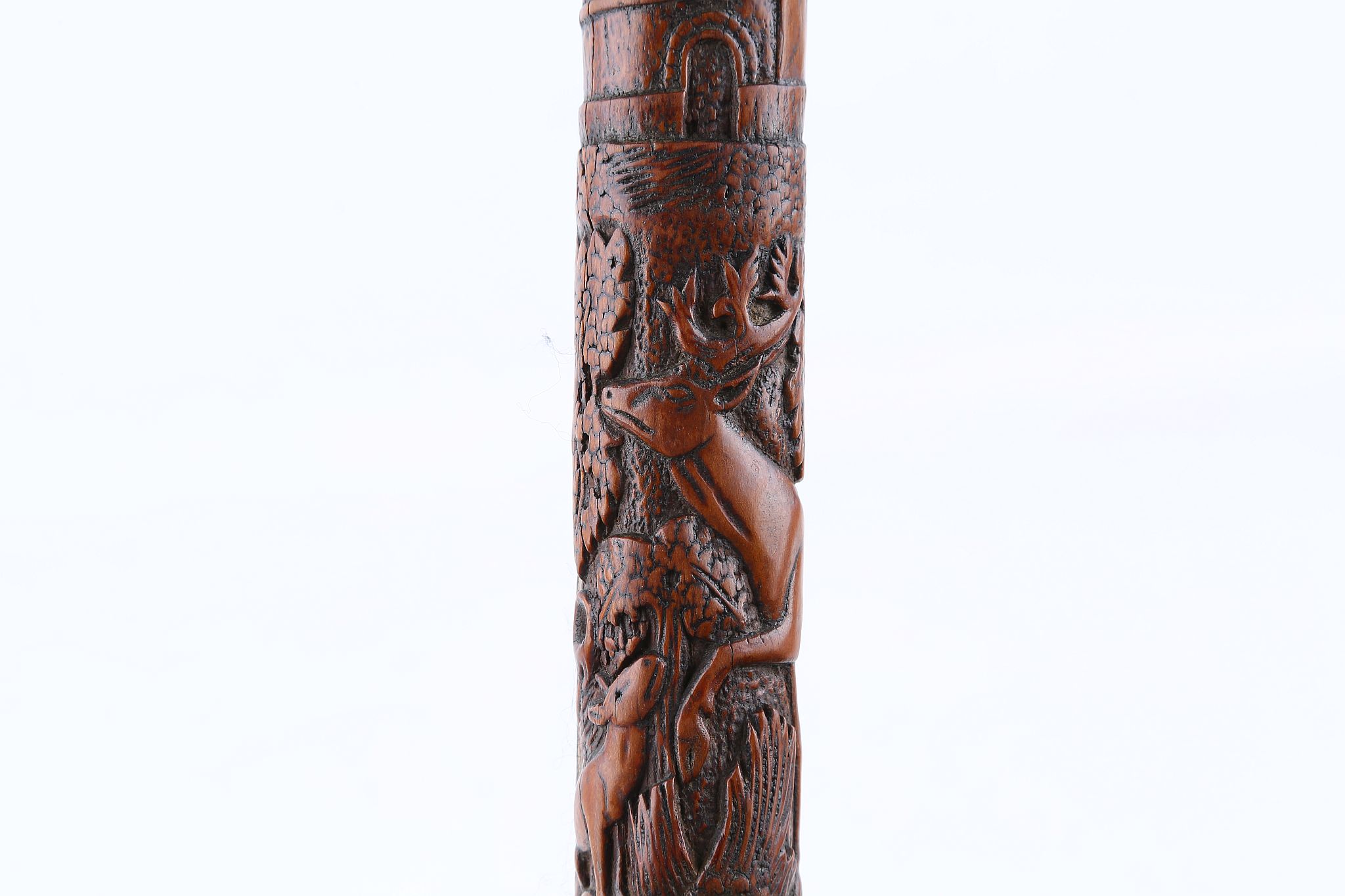 A GOOD EARLY 19TH CENTURY FOLK ART CANE, with profuse carved of people, animals and hunting - Image 6 of 8