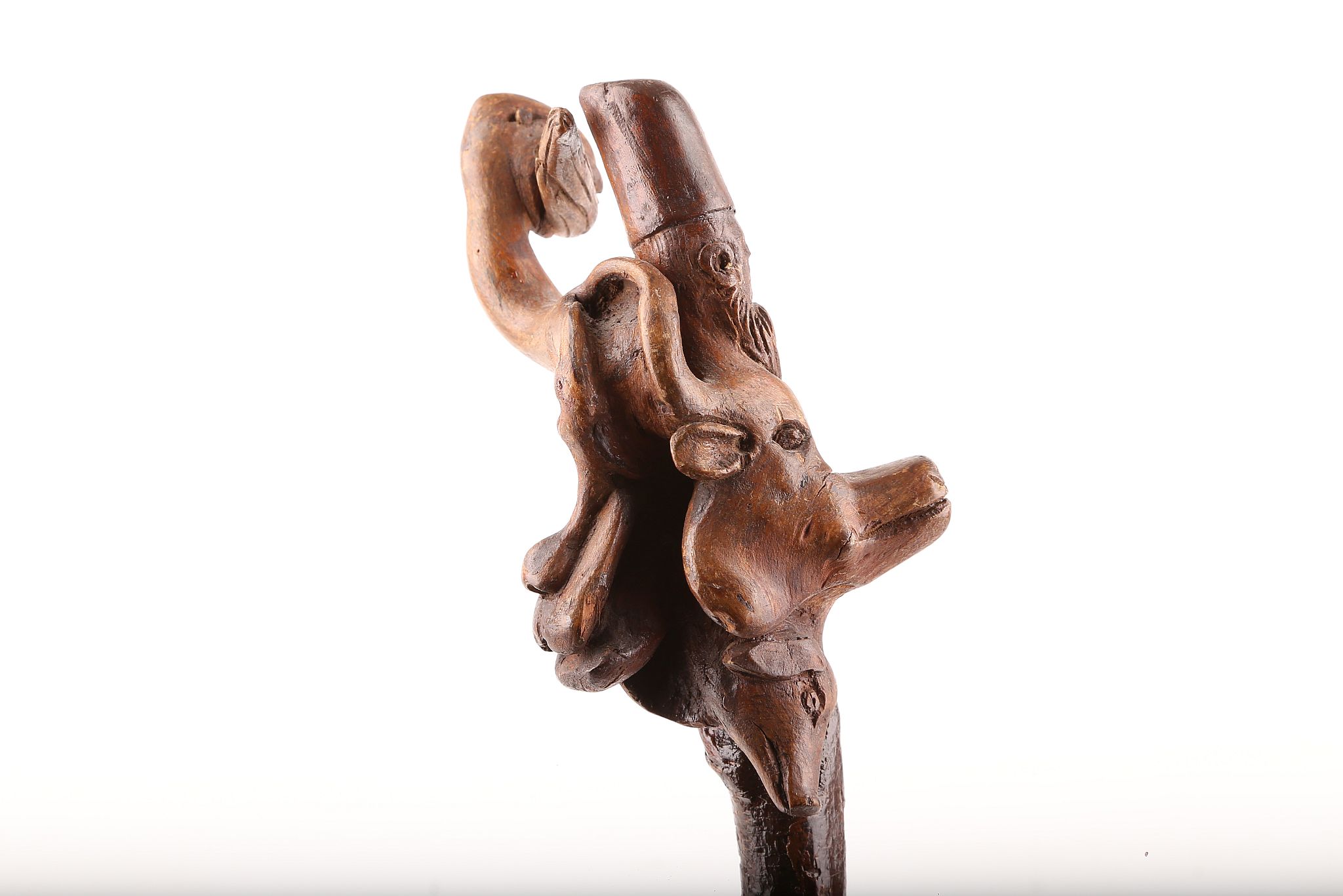 A BEAUTIFUL ONE PIECE FOLK ART CARVED FIGURAL CANE, with a man's face and various animals, 93cm. - Image 2 of 6