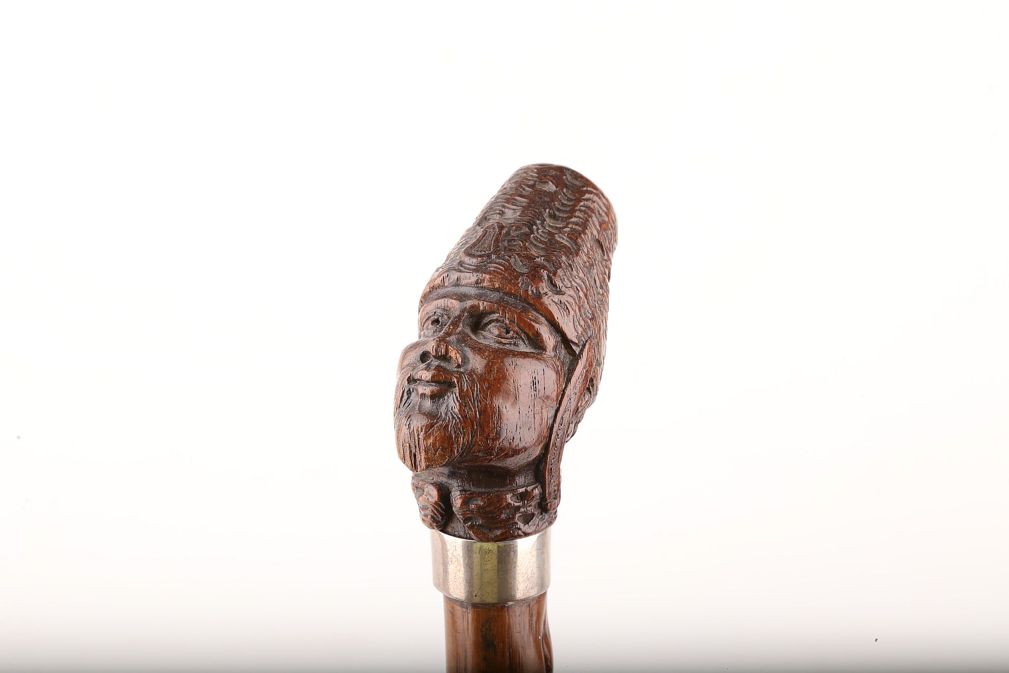A CARVED WOOD HEAD HANDLED CANE OF A COSSAK, knotted early wood shaft, 93cm. - Image 3 of 6