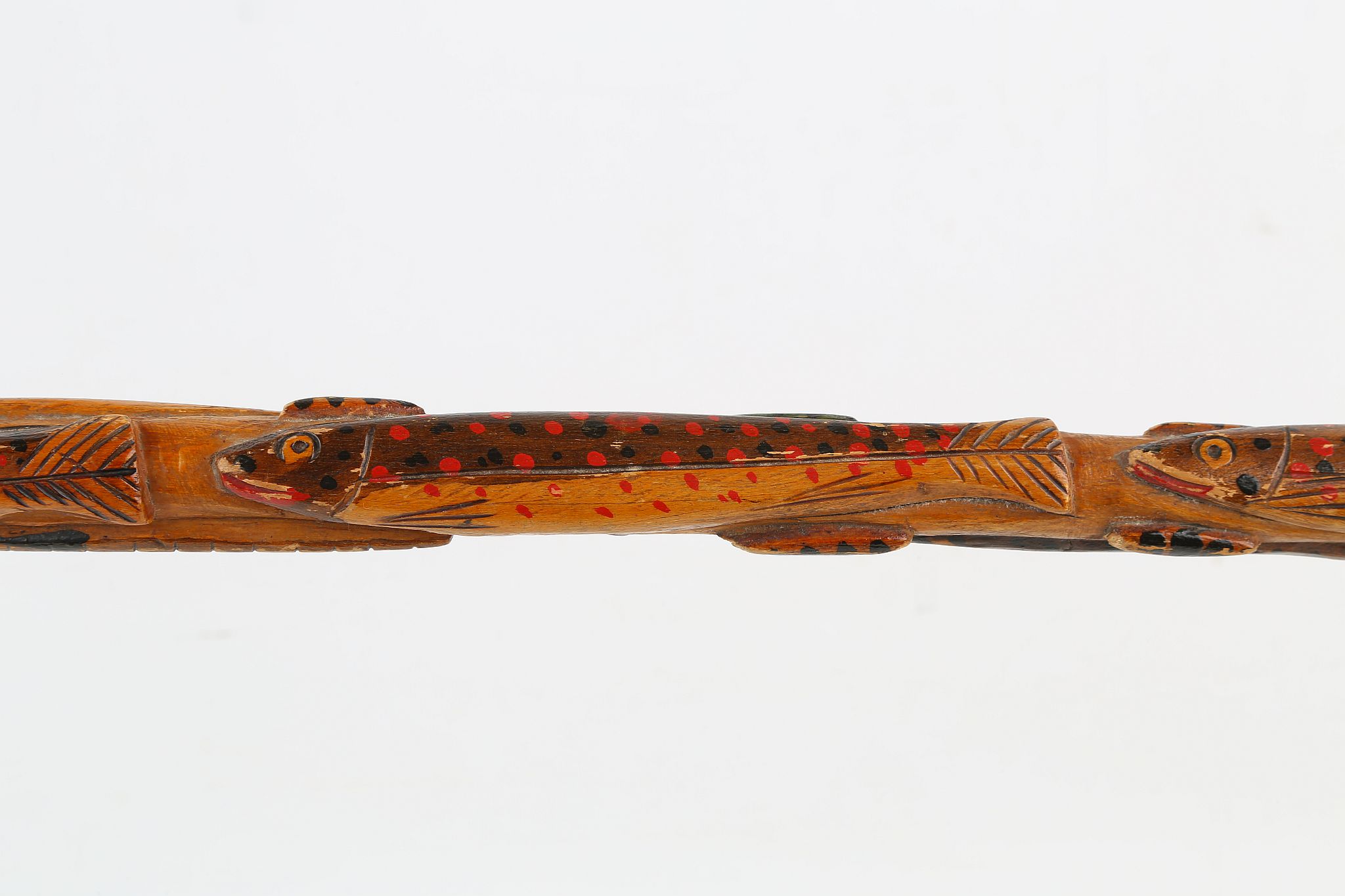A SWEDISH FOLK ART WALKING STICK DATED 1891, with carved and painted fish, 31 inches (78cm). - Image 5 of 8