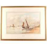 J.F. Branegan. 'Unloading the Catch'. Watercolour English coastal watercolour, with shoreline