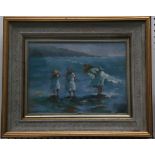 A painting in oils of children at the seaside paddling, 27.5 x 38cm.