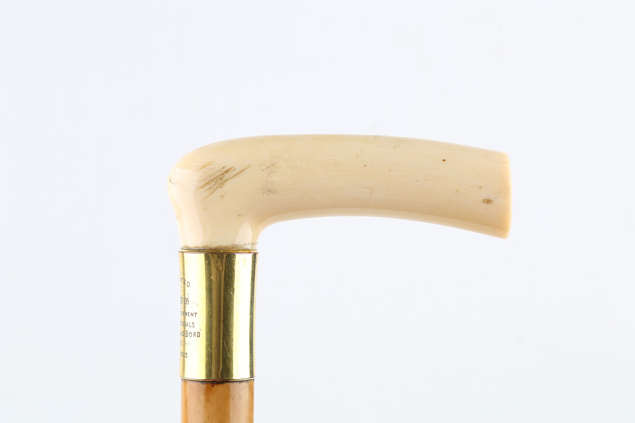 AN IVORY HANDLED PRESENTATION CANE, DATED 1903, with gilt collar and malacca shaft, 36 inches ( - Image 4 of 7