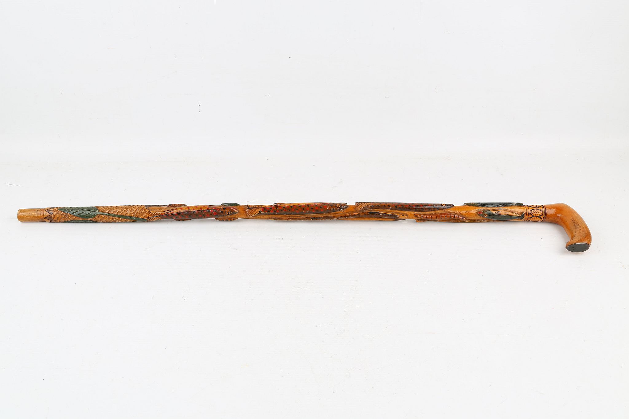 A SWEDISH FOLK ART WALKING STICK DATED 1891, with carved and painted fish, 31 inches (78cm). - Image 8 of 8