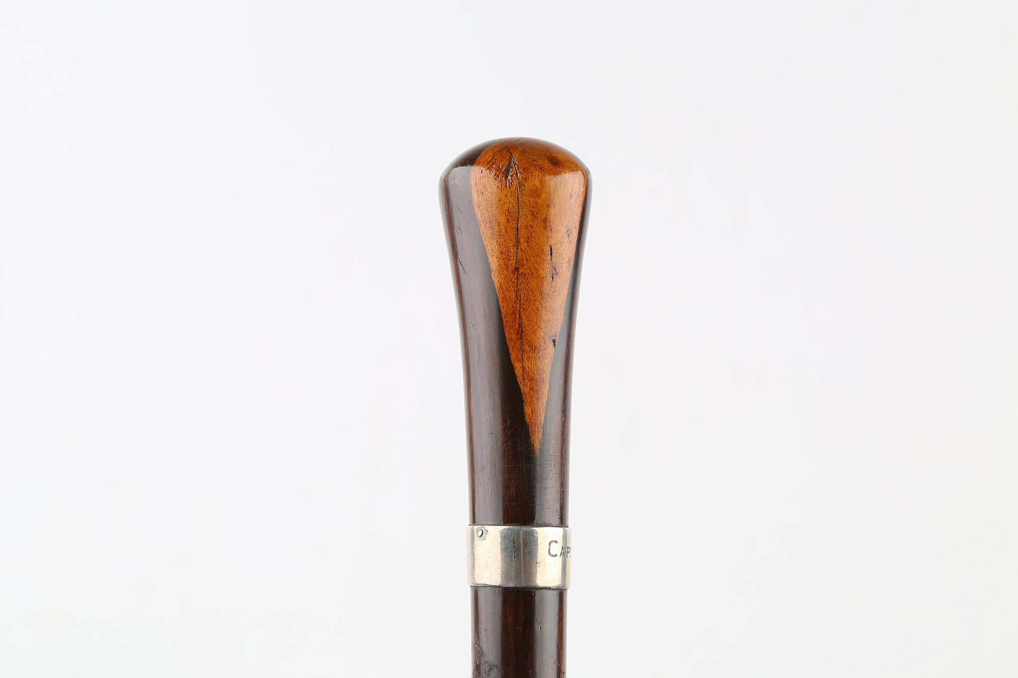 A LIGNUM VITAE CANE, with silver collar engraved 'Capt. R. Hume Brodie 1923', 36 inches (93cm). - Image 4 of 6