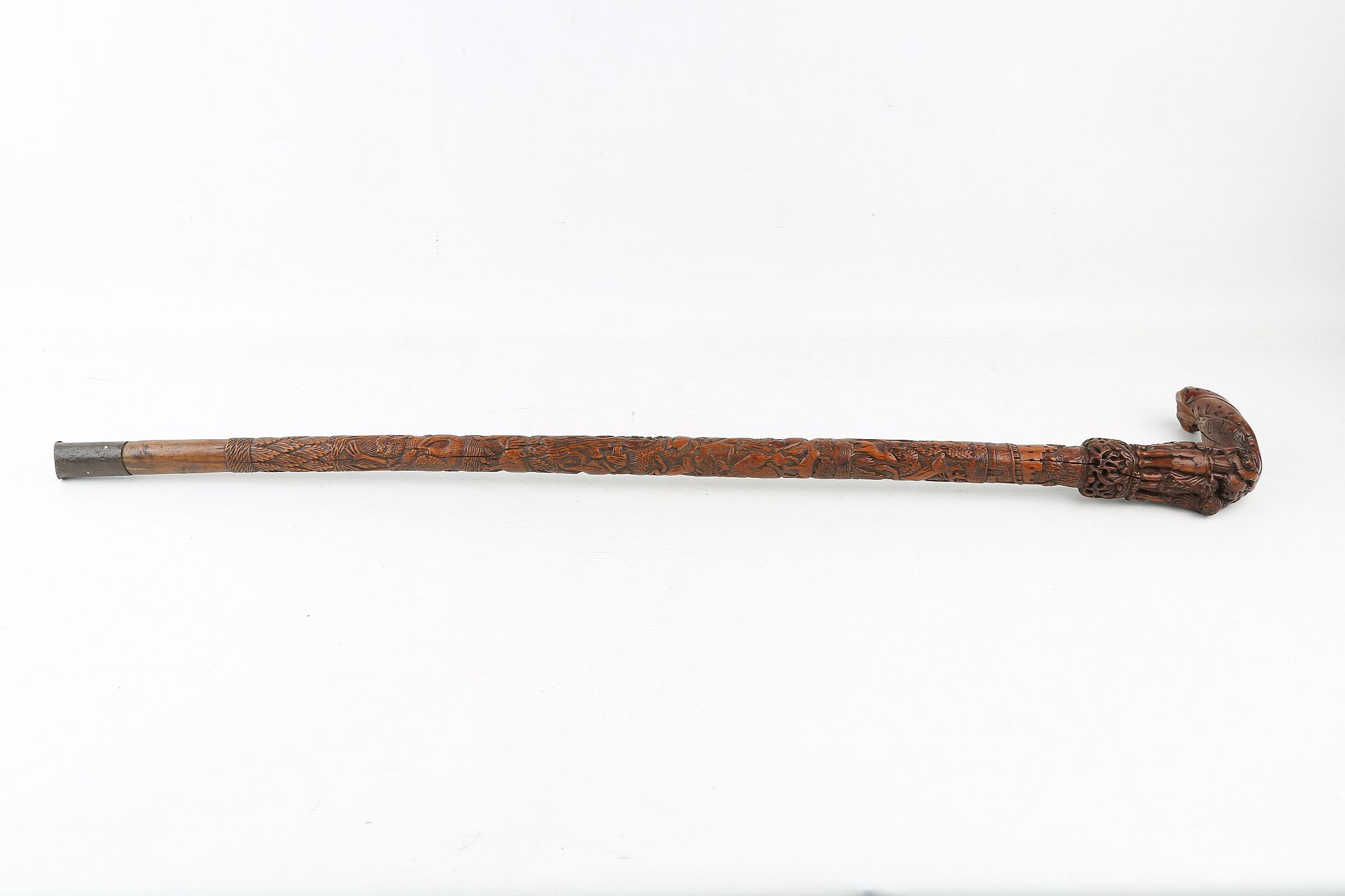 A GOOD EARLY 19TH CENTURY FOLK ART CANE, with profuse carved of people, animals and hunting - Image 5 of 8