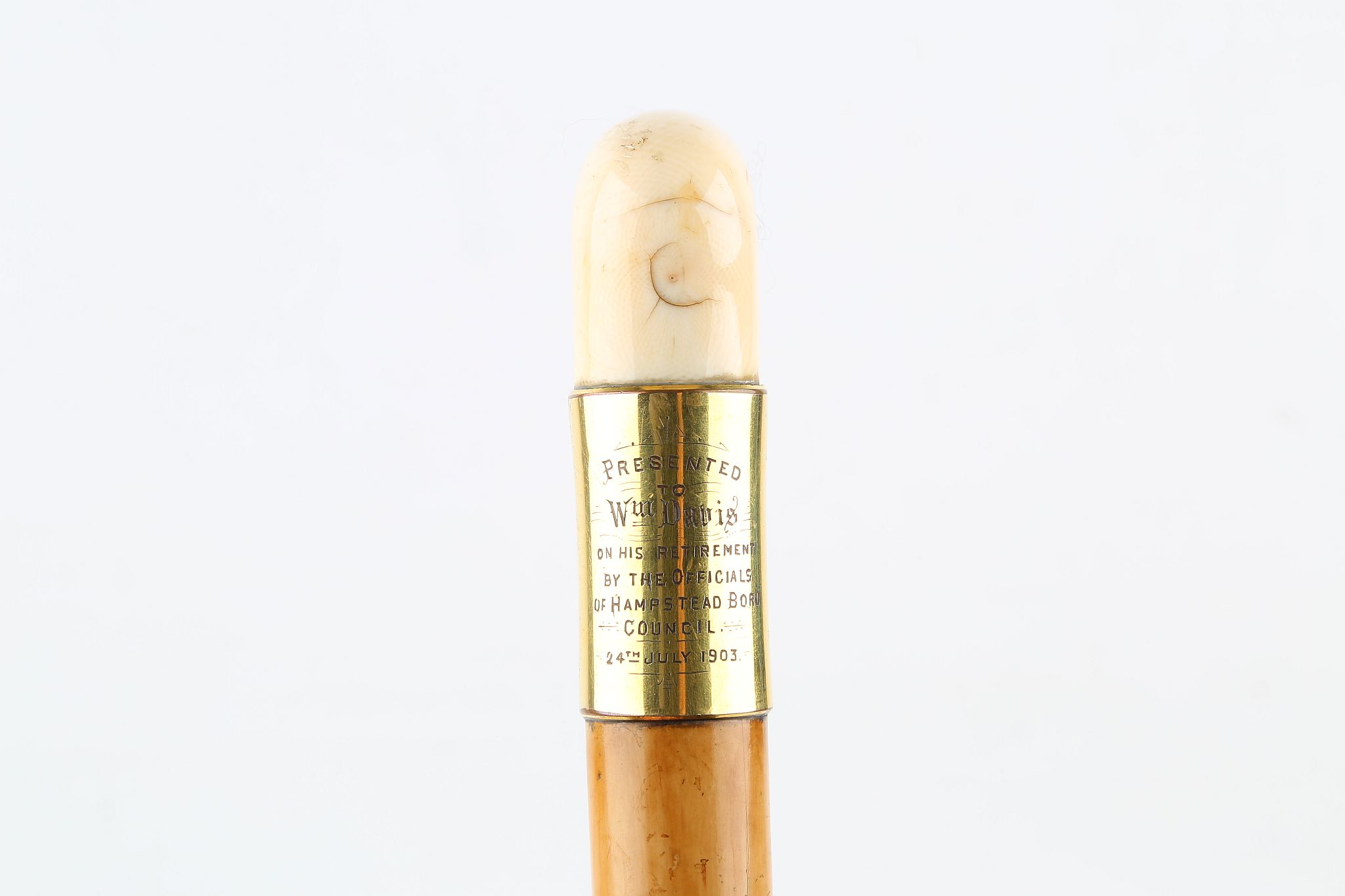 AN IVORY HANDLED PRESENTATION CANE, DATED 1903, with gilt collar and malacca shaft, 36 inches ( - Image 3 of 7