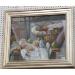 An oil painting still life, fruit and porcelain in a country kitchen, studio framed, 49.5 x 59.5cm.