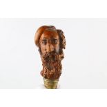 A LARGE 19TH CENTURY CARVED ROOT WOOD CANE, handle of a bearded man in bonnet (possibly Scottish).