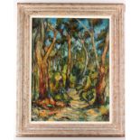 AUSTRALIAN SCHOOL c.1950's. 'Rubber Trees'. Impressionistic treescape oil on board with good