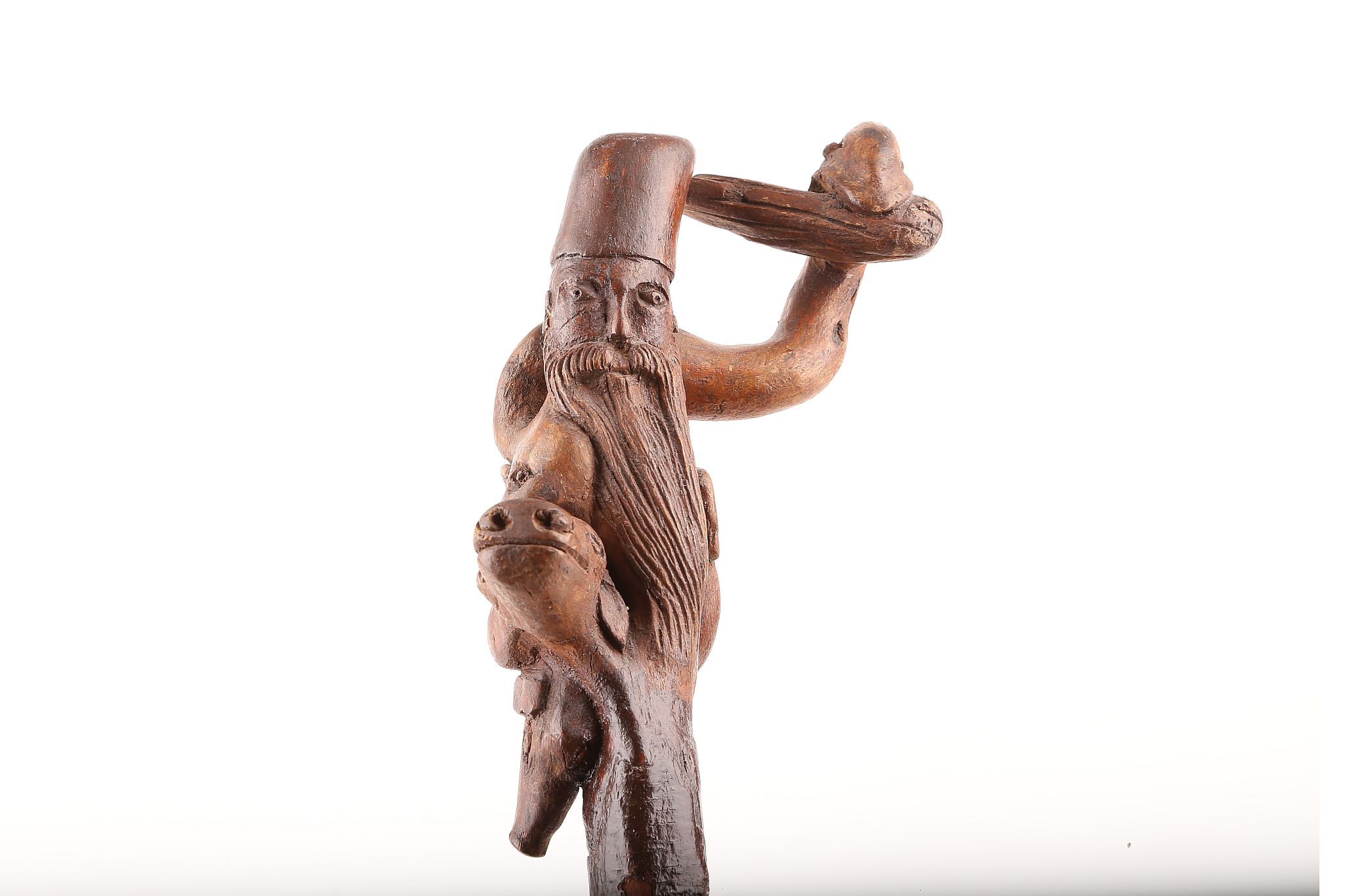 A BEAUTIFUL ONE PIECE FOLK ART CARVED FIGURAL CANE, with a man's face and various animals, 93cm. - Image 3 of 6