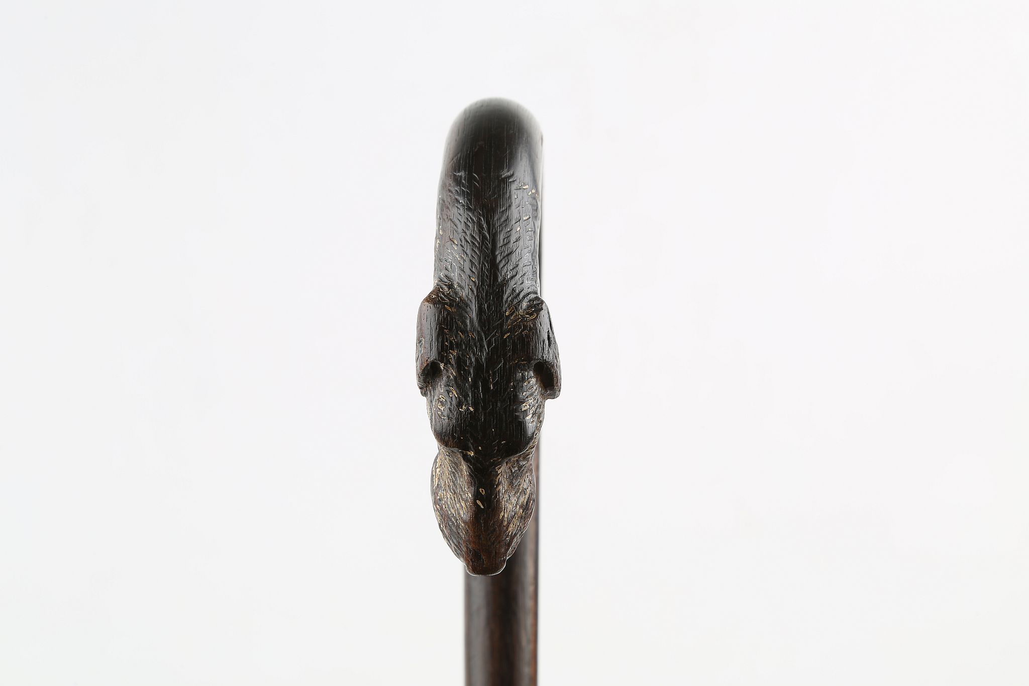 A CROOK HANDLED ROSEWOOD WALKING STICK, with a dog head terminal with glass eyes, 33 inches (84cm). - Image 2 of 6