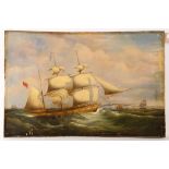 Early / mid 20th Century British. 'Off the Kent Coast'. Oil on laminate board. A frigate of the