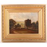 Circa 1820's English school. 'Norman Church in the Landscape'. Oil on canvas, with figure in red