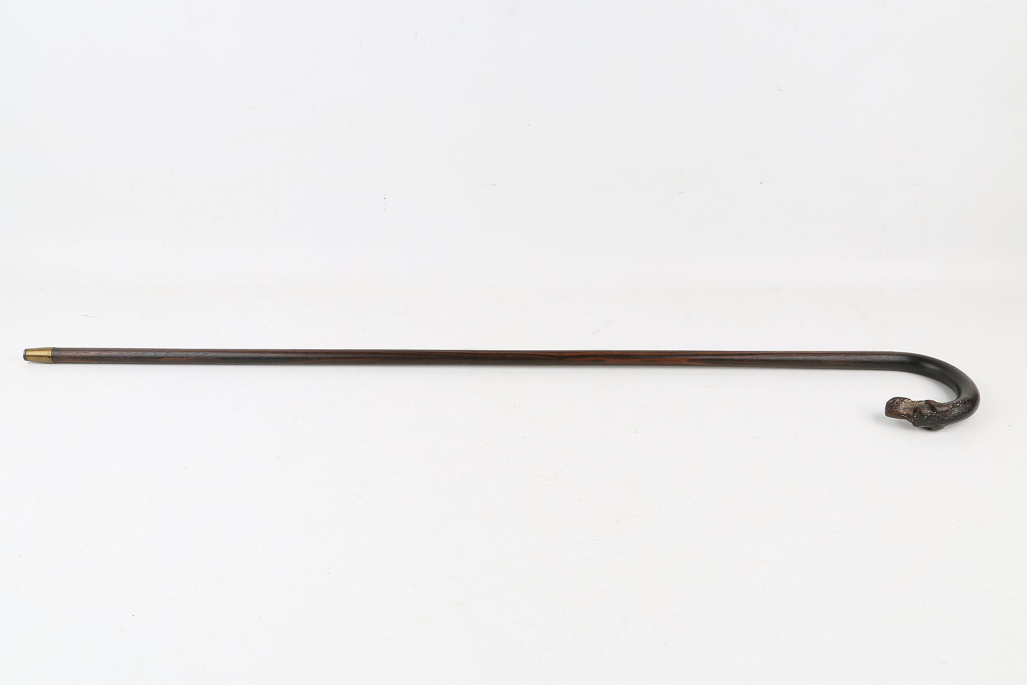 A CROOK HANDLED ROSEWOOD WALKING STICK, with a dog head terminal with glass eyes, 33 inches (84cm). - Image 6 of 6