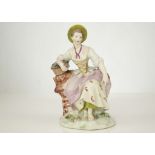 A VIENNA PORCELAIN FIGURE OF A LADY, circa 1765, modelled seated upon a tree stump, wearing a