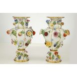 A GOOD PAIR OF MEISSEN PORCELAIN FRUIT AND FLOWER ENCRUSTED VASES, late 19th century, both of