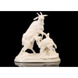 A NYMPHENBURG BLANC DE CHINE PORCELAIN FIGURE OF GOATS, circa 1870-80, modelled by Pierre-Jules