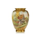 A ROYAL WORCESTER PORCELAIN POT POURRI VASE, dated 1929, decorated with a continuous rural landscape