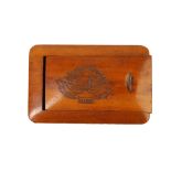 A 1901 POLISHED WOOD SNUFF OR TOBACCO BOX, made by a P.O.W. on St. Helena, with an engraved bird