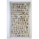 A GOOD COLLECTION OF FRAMED BRITISH ARMED FORCES INSIGNIA, peak cap badges and emblems, to include