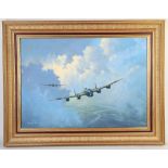 RON LACKENBY, Lancaster bombers breaking cloud cover, signed, oil on canvas, 50cm x 70cm