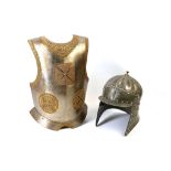 A REPLICA SET OF HALF ARMOUR AND HELMET FROM THE EARLY 18th CENTURY, in steel with brass