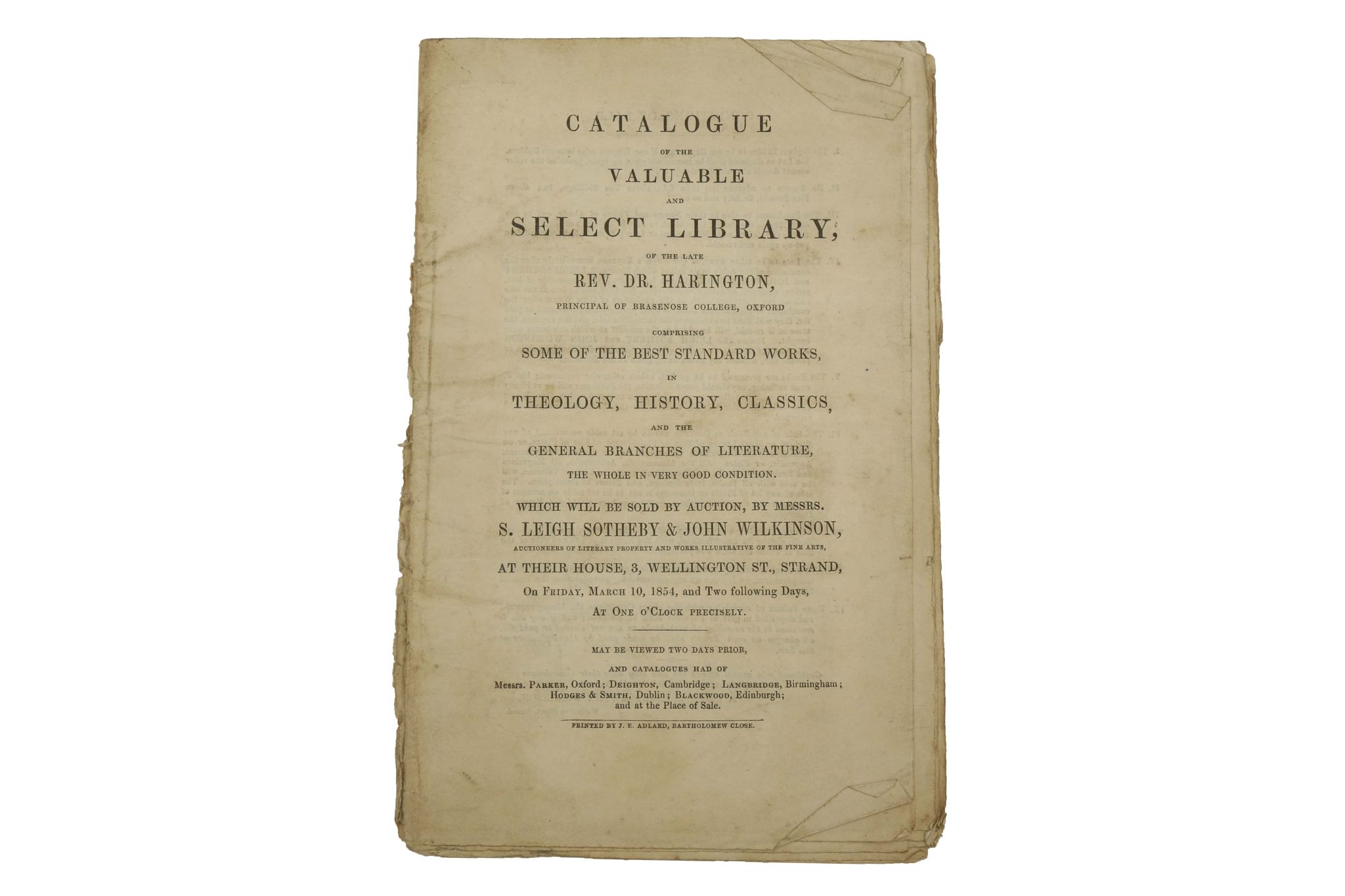 PAMPHLET - Catalogue of the Valuable and Select Library, of the late Rev. Dr. Harington...which will